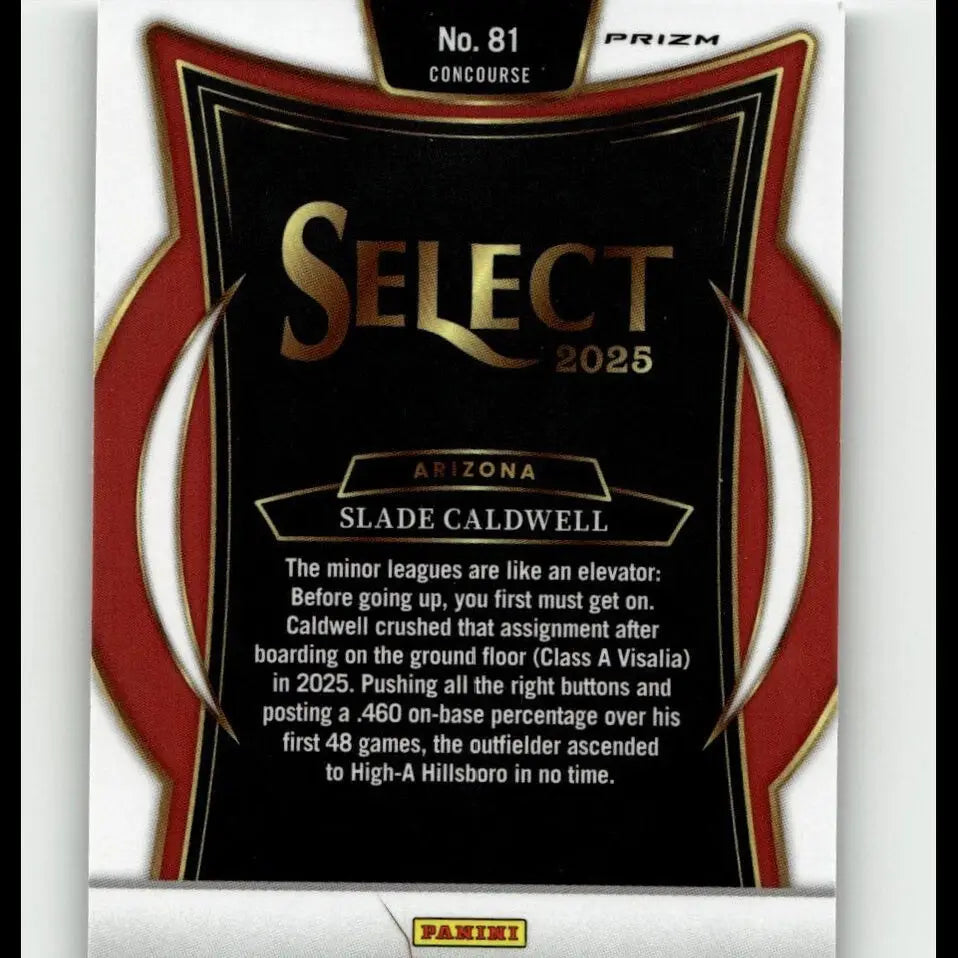 Black and red ’select 2025’’ baseball trading card featuring arizona’s slade caldwell, with gold foil lettering and a prizm holographic finish.