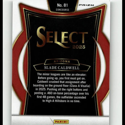 Black and red ’select 2025’’ baseball trading card featuring arizona’s slade caldwell, with gold foil lettering and a prizm holographic finish.