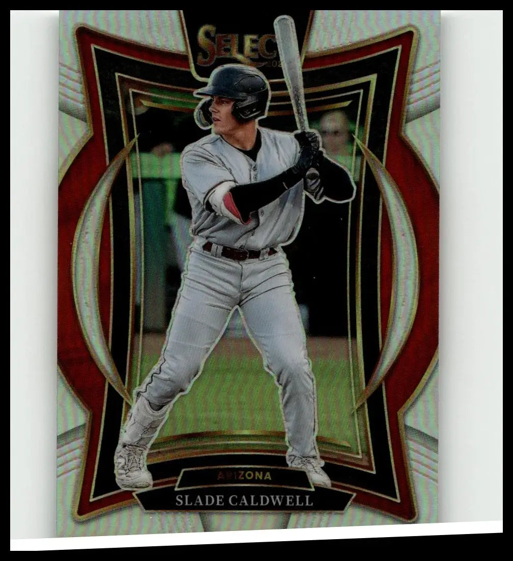2025 panini select #81 slade caldwell silver prizms baseball card showing caldwell mid-swing in gray uniform and black helmet