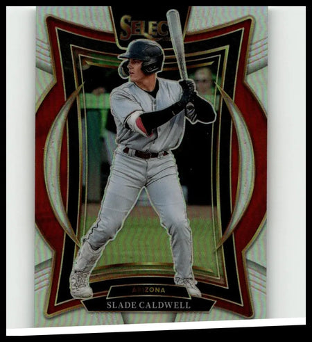 2025 panini select #81 slade caldwell silver prizms baseball card showing caldwell mid-swing in gray uniform and black helmet