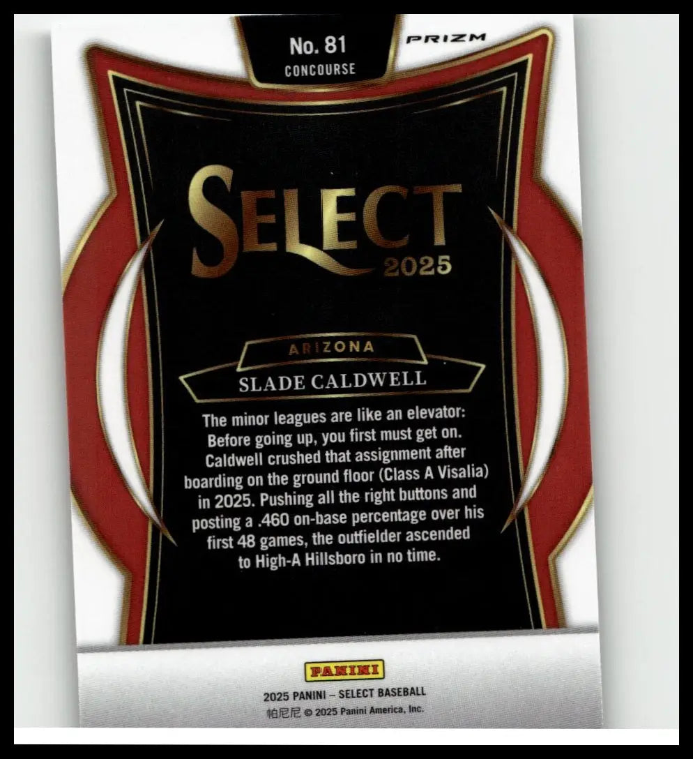 Black and red 2025 panini select silver prizm baseball card featuring slade caldwell of arizona #81 caldwell silver prizms