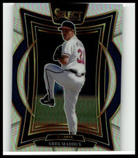 2016 select baseball card featuring greg maddux in atlanta braves uniform titled 2025 panini select greg maddux silver prizms