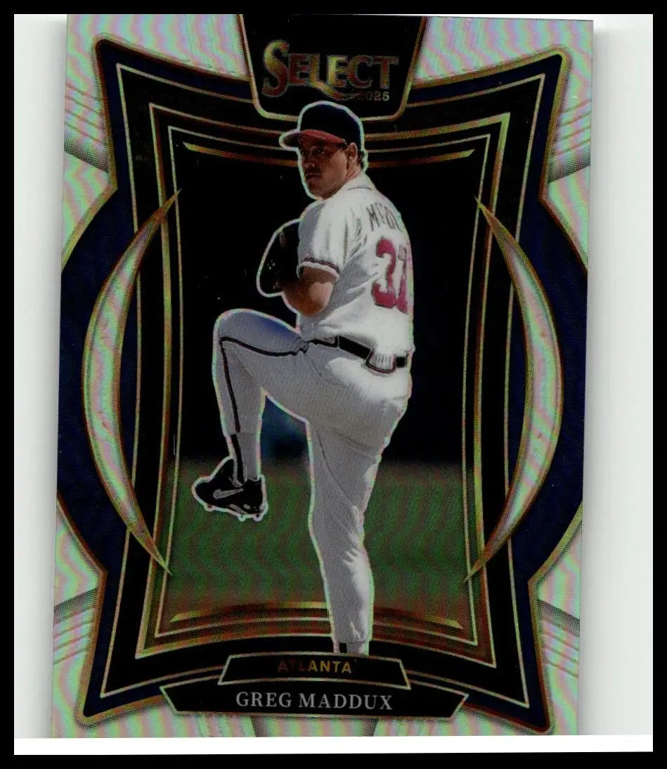 2016 select baseball card featuring greg maddux in atlanta braves uniform titled 2025 panini select greg maddux silver prizms