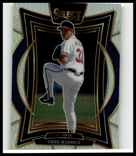 2016 select baseball card featuring greg maddux in atlanta braves uniform titled 2025 panini select greg maddux silver prizms