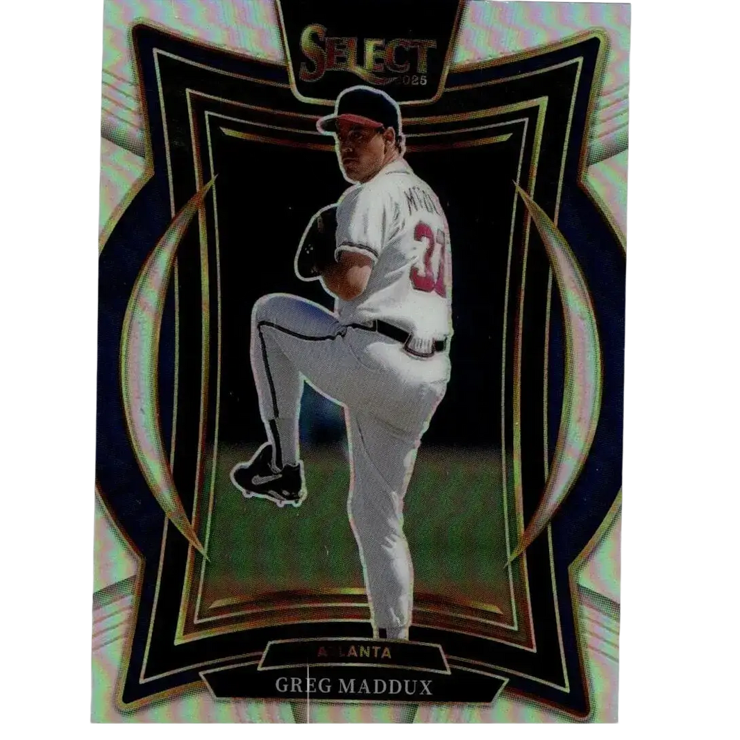 2018 panini select baseball card featuring greg maddux silver prizms in atlanta braves uniform with name below