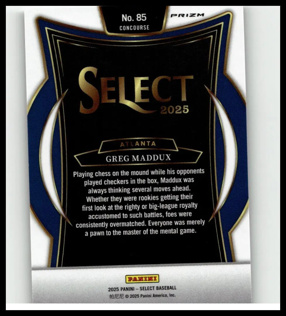 Black and blue prizm select 2025 baseball trading card featuring greg maddux silver maddux silver prizms design