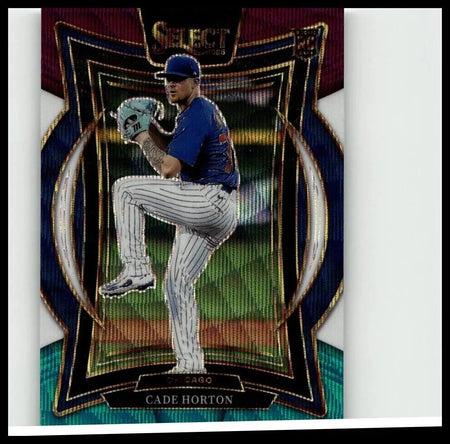 2025 panini select #89 cade horton tri-color prizms baseball card showing cade horton mid-pitch in cubs uniform