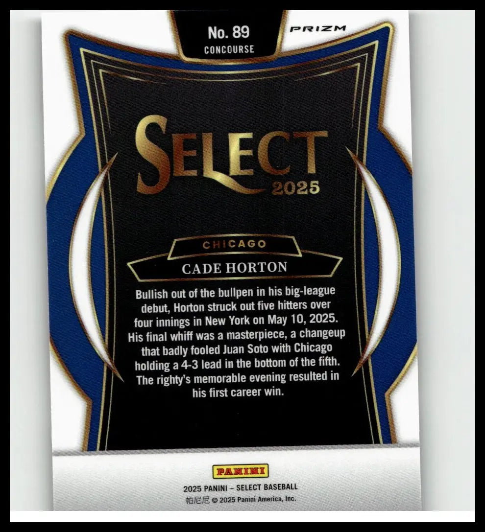 Black and blue 2025 panini select cade horton baseball card with gold foil lettering from tri-color prizms series