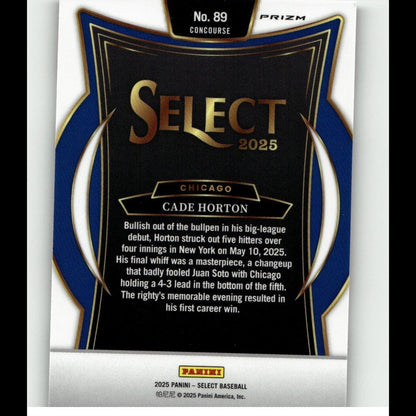Black and blue baseball trading card with gold foil lettering, featuring cade horton of the chicago white sox.