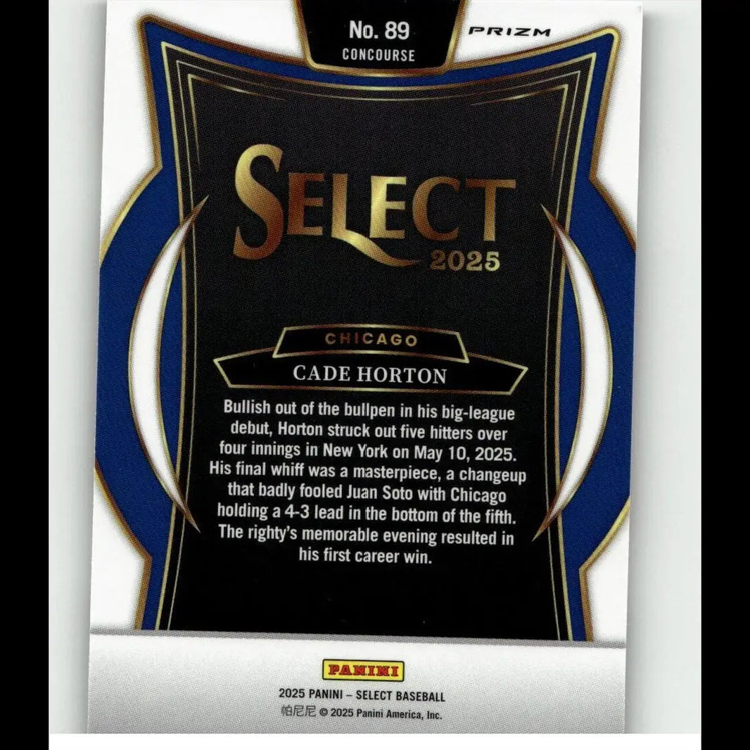 Black and blue baseball trading card with gold foil lettering, featuring cade horton of the chicago white sox.