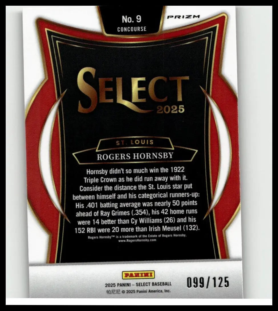 Black and red 2025 panini select rogers hornsby bronze prizms baseball card with gold lettering and glossy finish