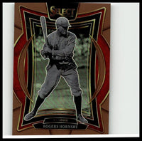 A vintage-style rogers hornsby baseball card with ornate red and gold border from 2025 panini select hornsby bronze prizms