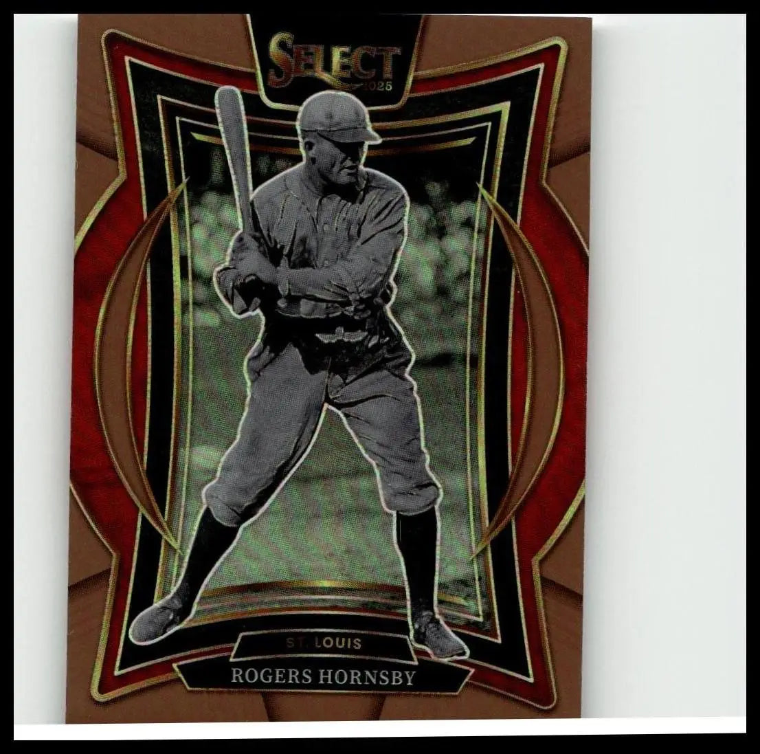 A vintage-style rogers hornsby baseball card with ornate red and gold border from 2025 panini select hornsby bronze prizms