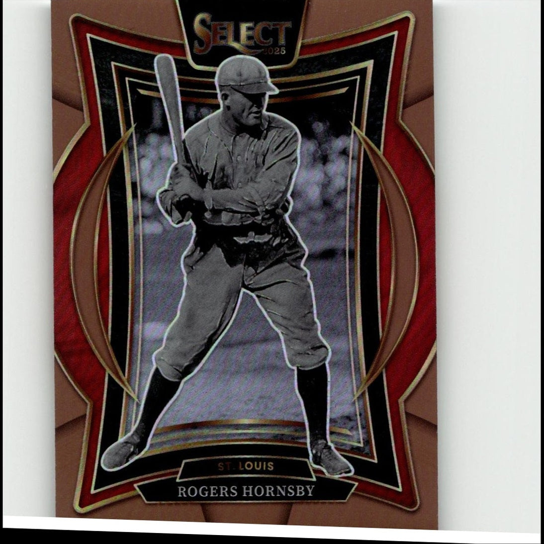 A vintage-style baseball trading card featuring rogers hornsby in a classic black-and-white photo, framed by an ornate red and gold border with ’select 2025’’ branding at the top.