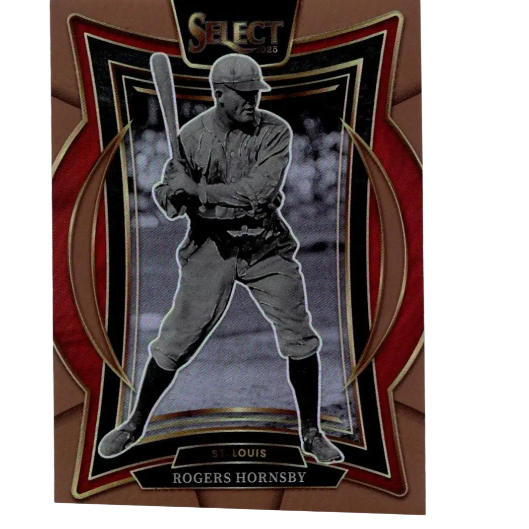 A vintage-style baseball trading card featuring rogers hornsby in a classic black-and-white photo, framed by an ornate red and gold border with ’select 2025’’ branding at the top.
