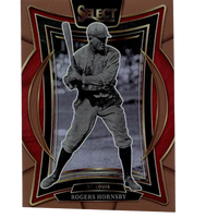 A vintage-style baseball trading card featuring rogers hornsby in a classic black-and-white photo, framed by an ornate red and gold border with ’select 2025’’ branding at the top.