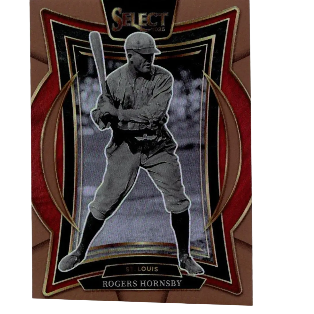 A vintage-style baseball trading card featuring rogers hornsby in a classic black-and-white photo, framed by an ornate red and gold border with ’select 2025’’ branding at the top.