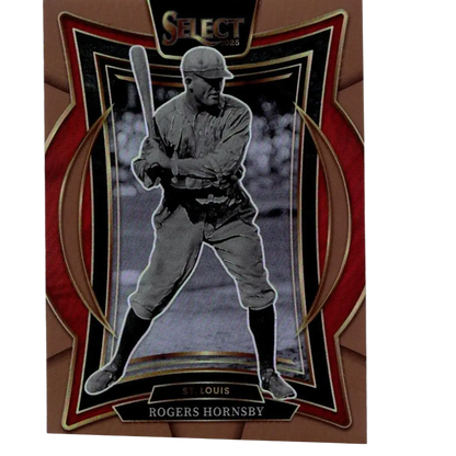 A vintage-style baseball trading card featuring rogers hornsby in a classic black-and-white photo, framed by an ornate red and gold border with ’select 2025’’ branding at the top.