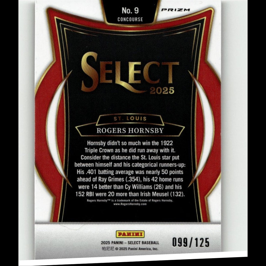 Black and red select 2025 baseball trading card featuring rogers hornsby with gold lettering, bordered by a glossy prizm design.