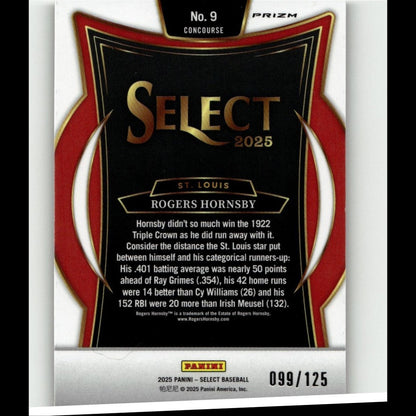 Black and red select 2025 baseball trading card featuring rogers hornsby with gold lettering, bordered by a glossy prizm design.