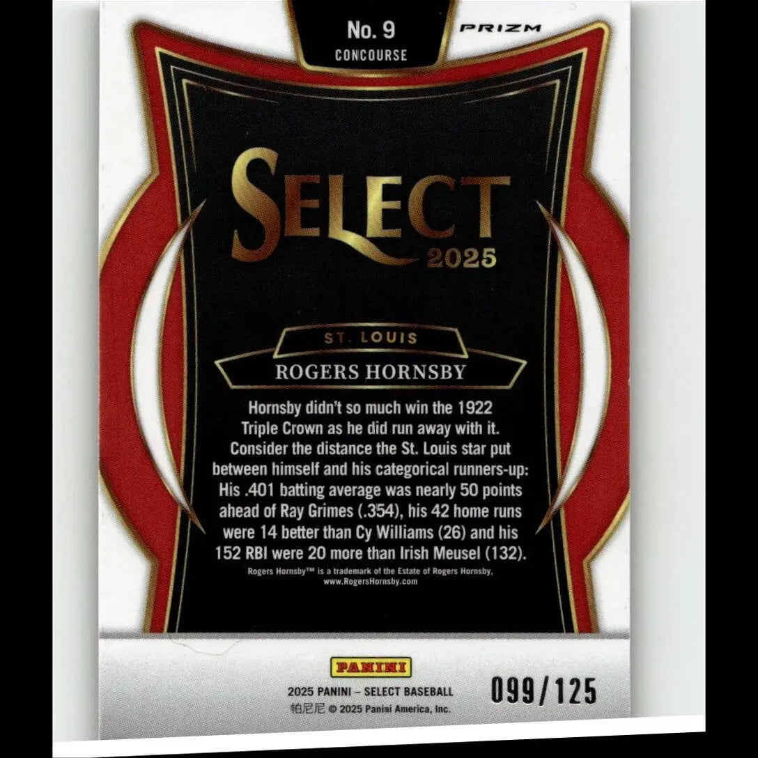 Black and red select 2025 baseball trading card featuring rogers hornsby with gold lettering, bordered by a glossy prizm design.