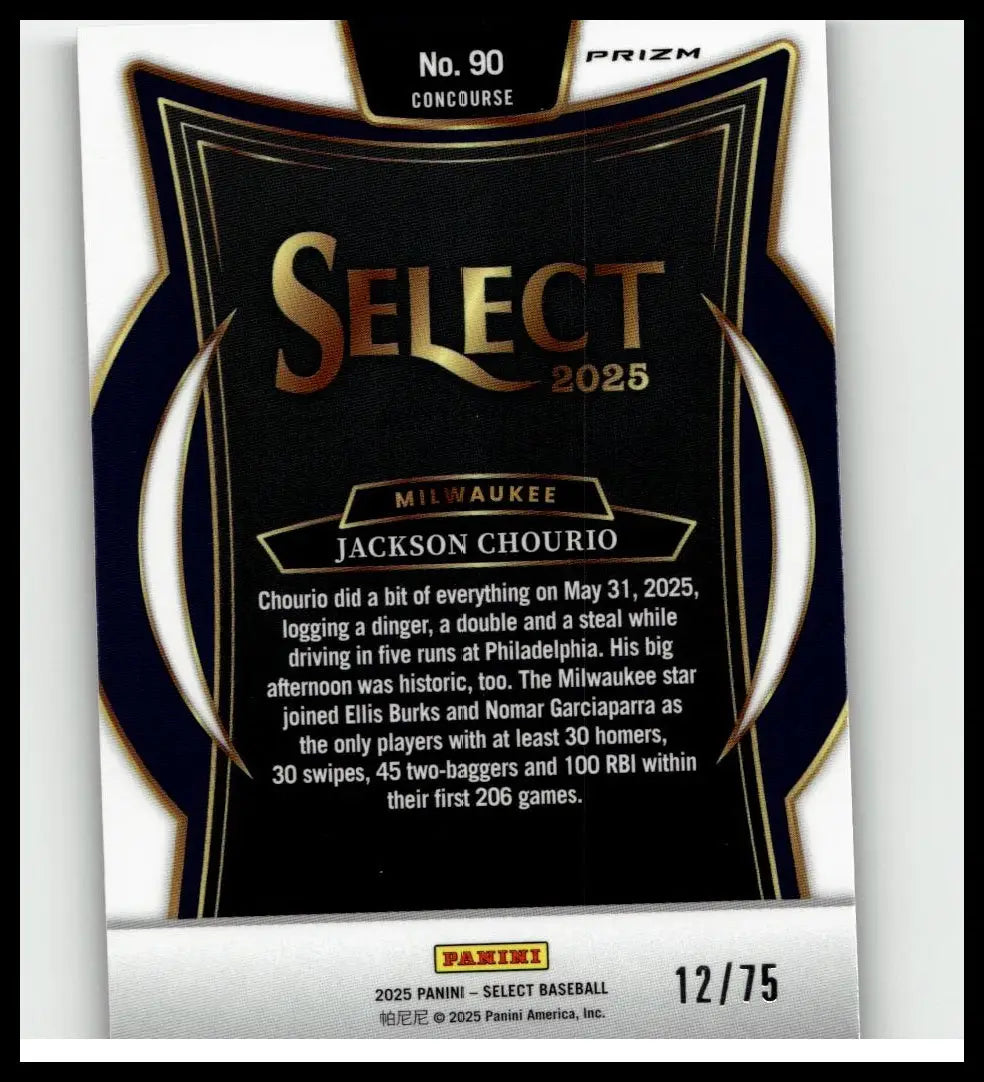 Black and gold 2025 panini select baseball card featuring jackson chourio purple prizms numbered 12 of 75