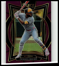 2025 panini select baseball card of jackson chourio in gray uniform with yellow helmet chourio purple prizms