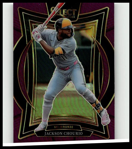 2025 panini select baseball card of jackson chourio in gray uniform with yellow helmet chourio purple prizms