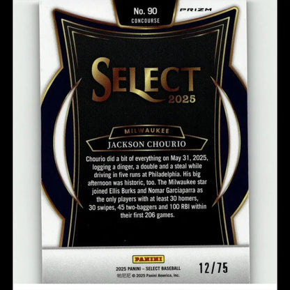Black and gold ’select 2025’’ baseball trading card featuring milwaukee’s jackson chourio, numbered 12/75 by panini.