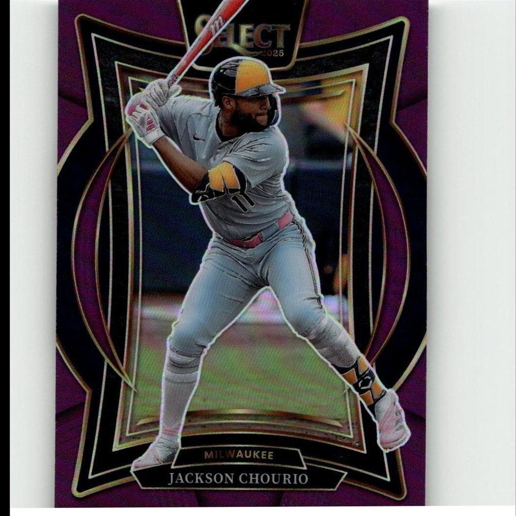 Purple and gold-bordered baseball trading card featuring jackson chourio in a gray milwaukee brewers uniform with yellow helmet accents.