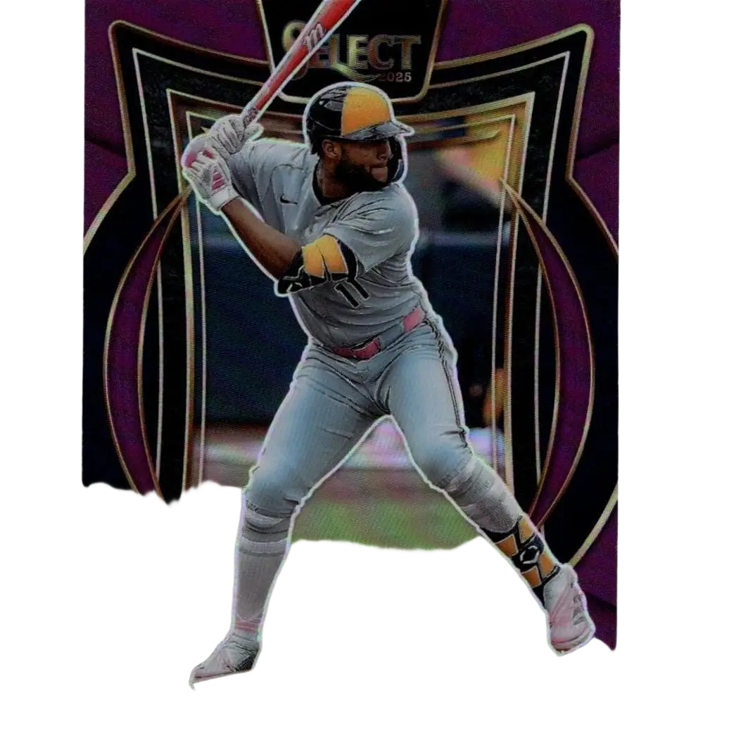 Purple and gold-bordered baseball trading card featuring jackson chourio in a gray milwaukee brewers uniform with yellow helmet accents.