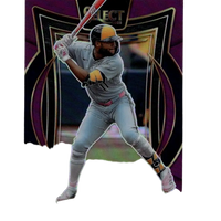 Purple and gold-bordered baseball trading card featuring jackson chourio in a gray milwaukee brewers uniform with yellow helmet accents.