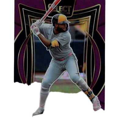 Purple and gold-bordered baseball trading card featuring jackson chourio in a gray milwaukee brewers uniform with yellow helmet accents.