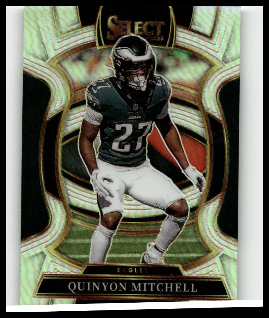 2025 panini select #92 quinyon mitchell silver prizm football card featuring mitchell in eagles dark green uniform