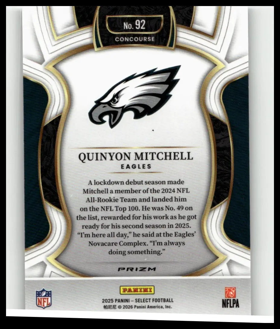 Silver and black 2025 panini select #92 quinyon mitchell silver prizm nfl trading card with gold trim accents