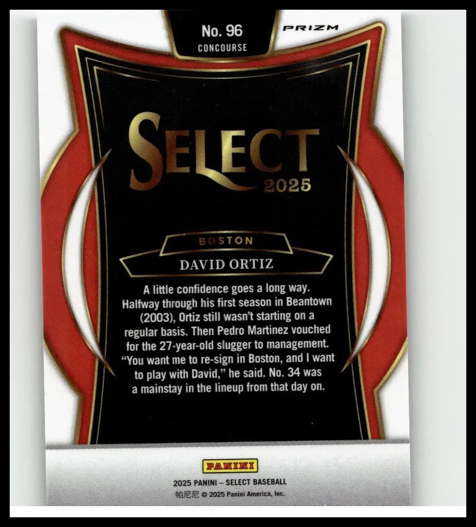Black and red prizm select 2025 baseball card featuring david ortiz silver prizms with gold lettering