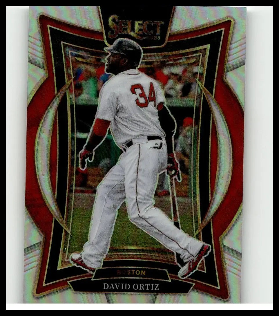 A glossy 2025 panini select red and black framed david ortiz silver prizms baseball card in white boston uniform 34