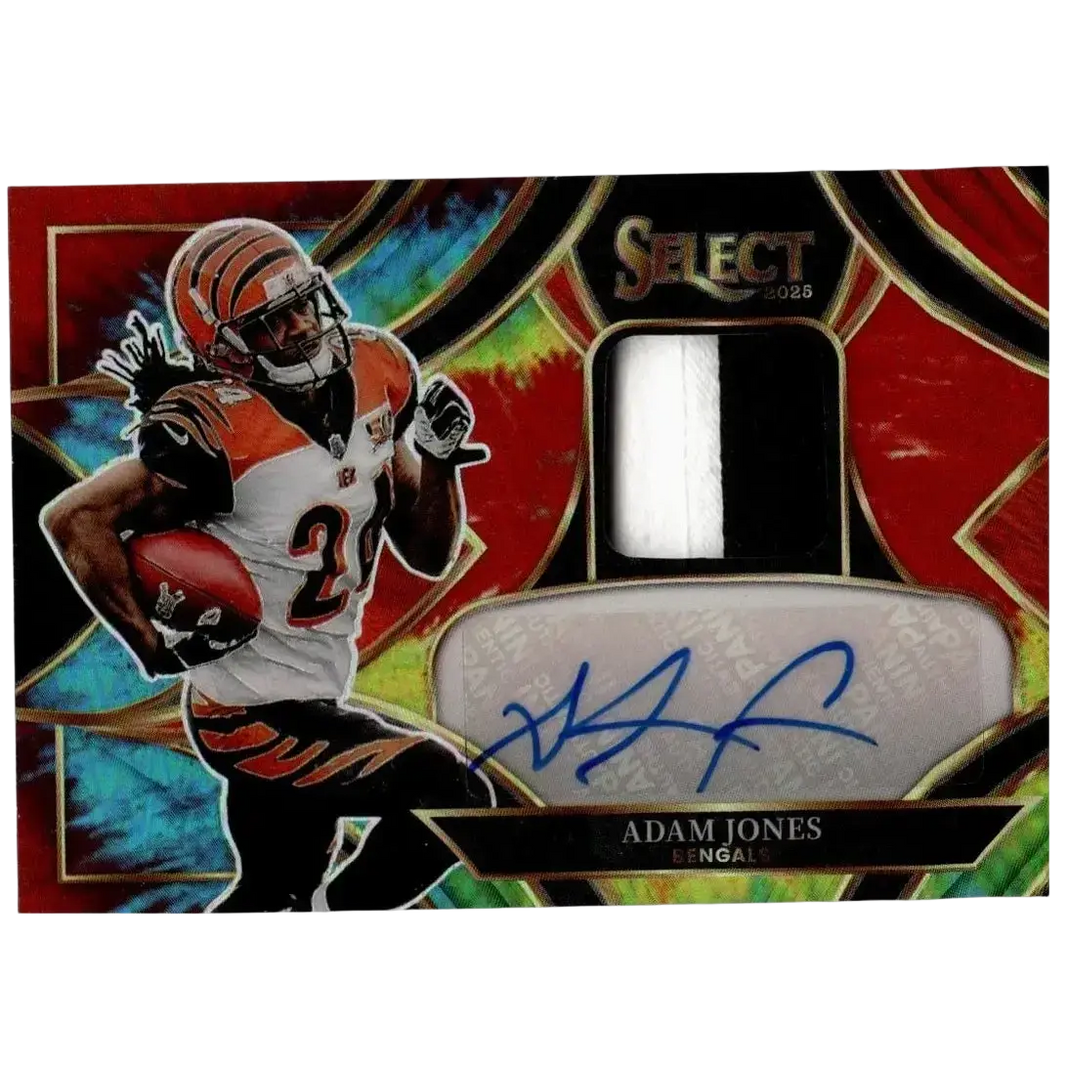 2025 Panini Select Adam Pacman Jones patch autograph tie-dye Prizm football card with signed jersey swatch limited to 25