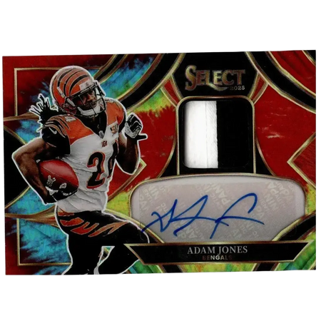 2025 Panini Select Adam Pacman Jones patch autograph tie-dye Prizm football card with signed jersey swatch limited to 25