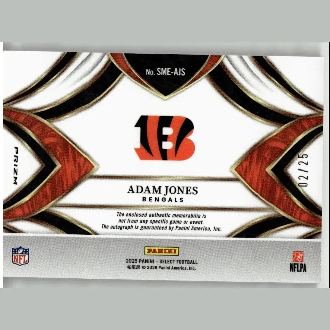 White red and black panini select 2025 football card featuring cincinnati bengals logo and adam jones patch autograph