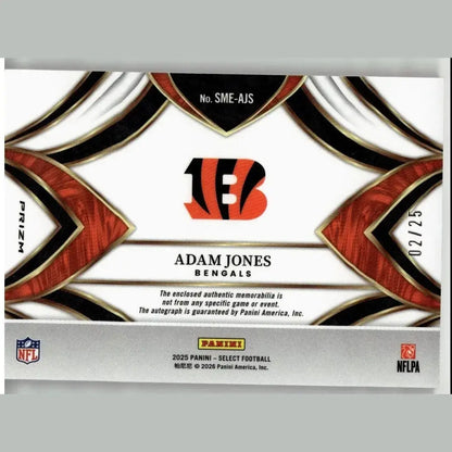 White red and black panini select 2025 football card featuring cincinnati bengals logo and adam jones patch autograph