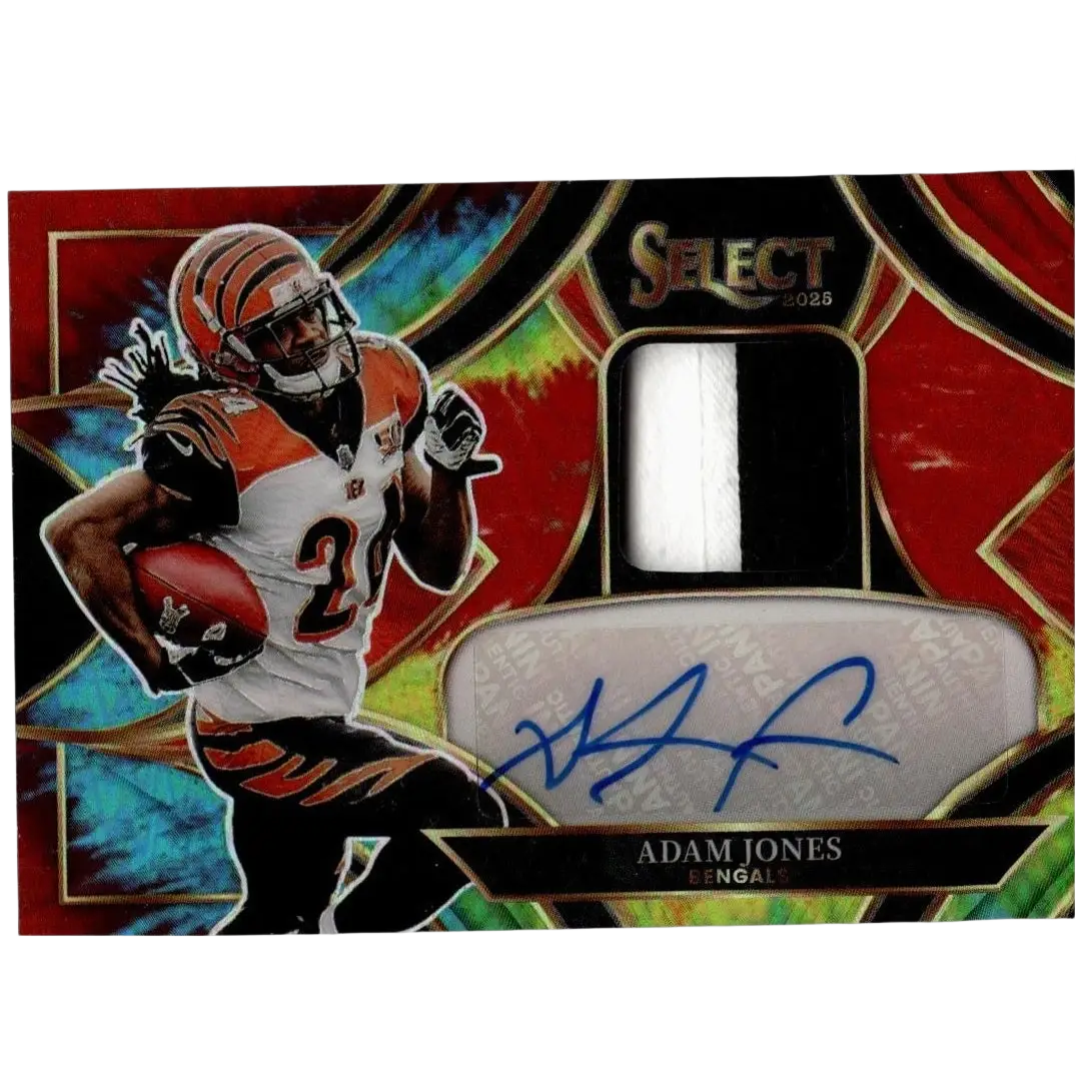 2025 panini select adam jones patch autograph football card with tie-dye prizm patch and signature /25 limited edition