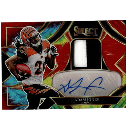 2025 panini select adam jones patch autograph football card with tie-dye prizm patch and signature /25 limited edition