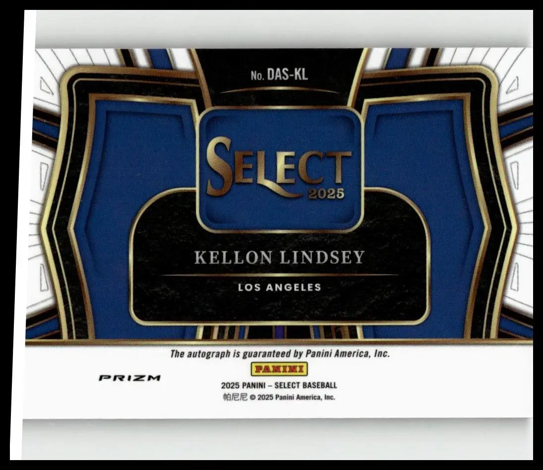 Blue and black baseball trading card with gold trim featuring panini america 2025 select kellon lindsey diamond action signatures