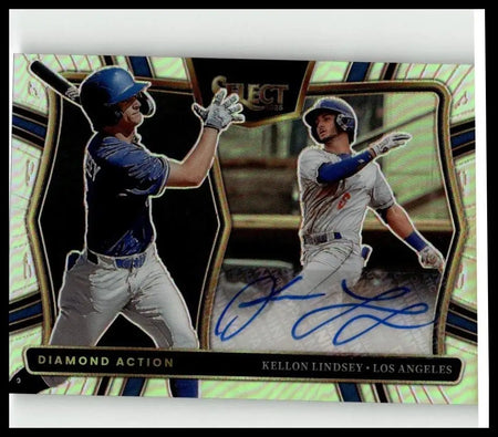2025 Panini Select 2023-24 kellon lindsey diamond action baseball card with dual shots and blue signature on green black design