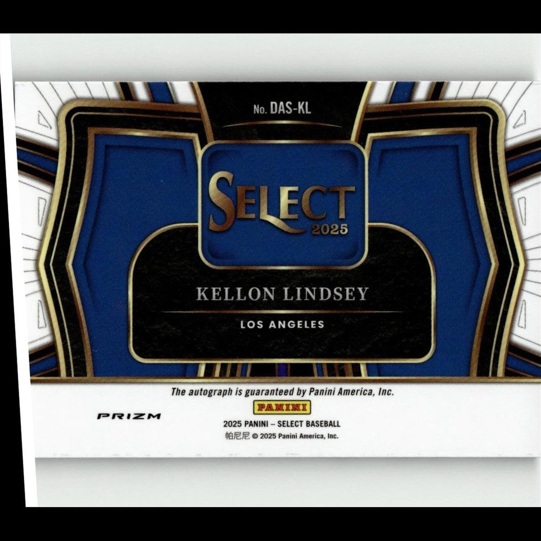 Blue and black baseball trading card with gold lettering, featuring ’select 2025’’ and player kellon lindsey from los angeles.
