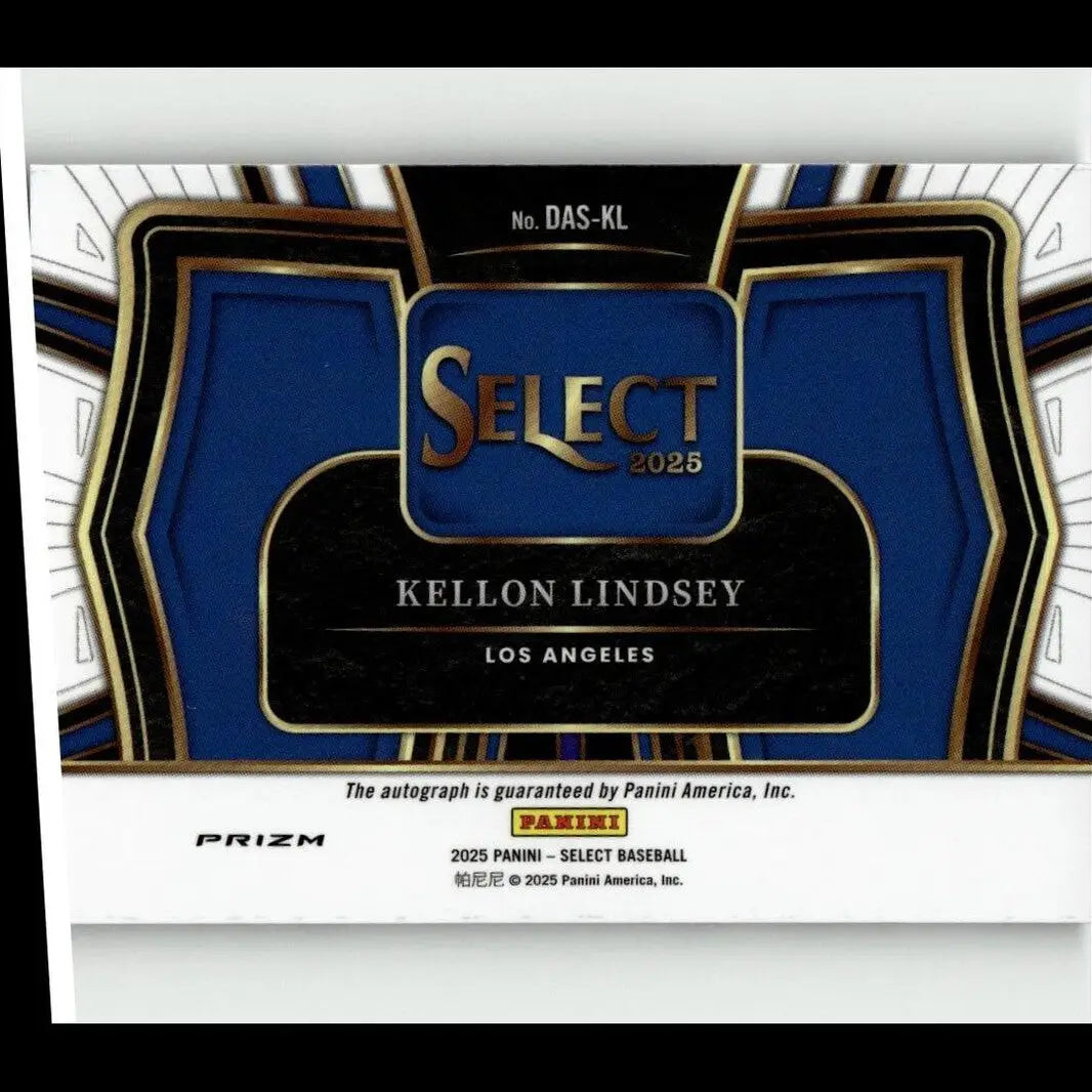 Blue and black baseball trading card with gold lettering, featuring ’select 2025’’ and player kellon lindsey from los angeles.