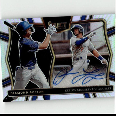 A glossy, holographic baseball trading card featuring two players in action poses with blue and white uniforms.