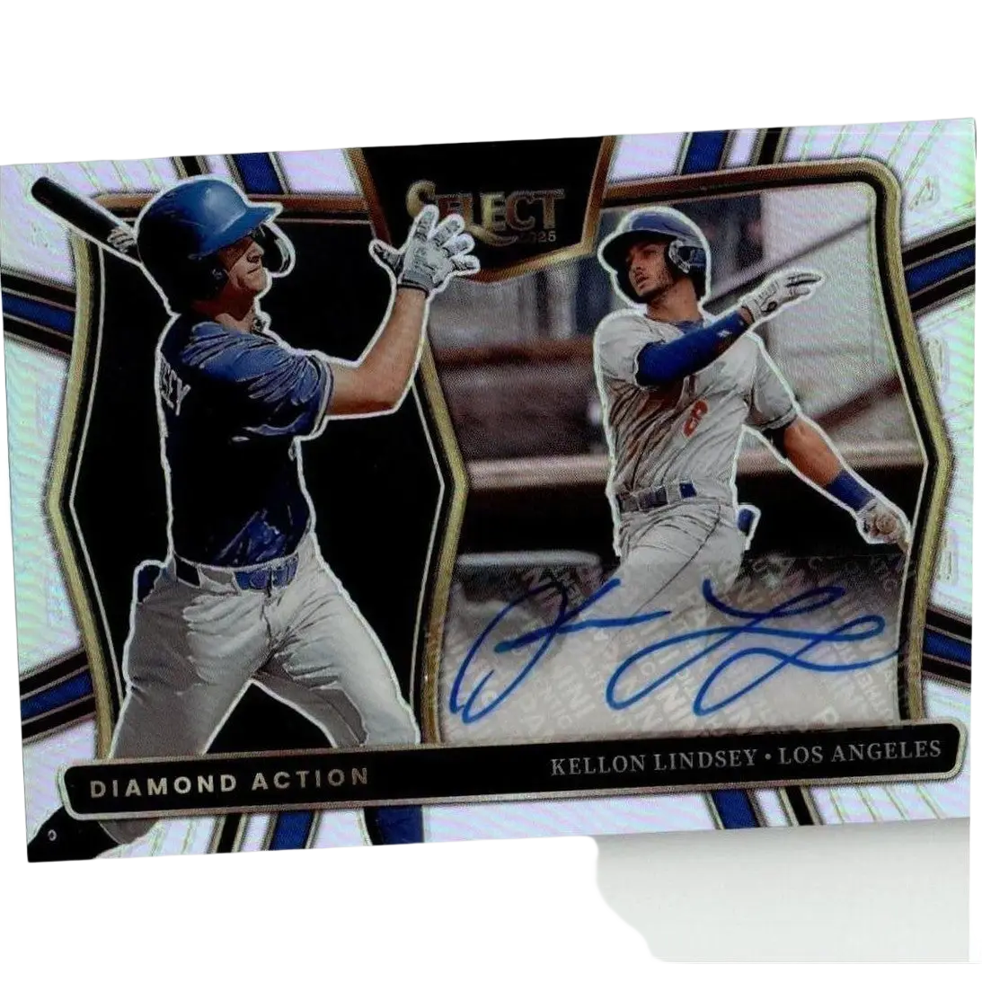 A glossy, holographic baseball trading card featuring two players in action poses with blue and white uniforms.