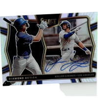 A glossy, holographic baseball trading card featuring two players in action poses with blue and white uniforms.